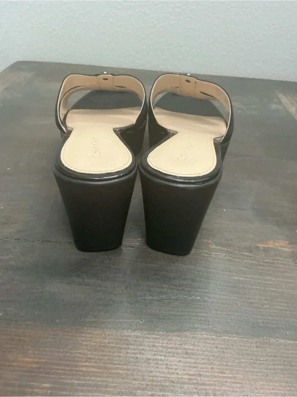 Calvin Klein Ying Black Stretchy Strap Platform Wedge Sandals Size 8.5
